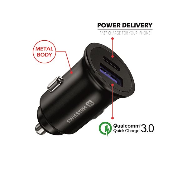 Auto-Ladegerät Swissten CL Adapter Power Delivery USB-C + Quick Charge 3.0 36W Metallschwarz Mermale/Technologie