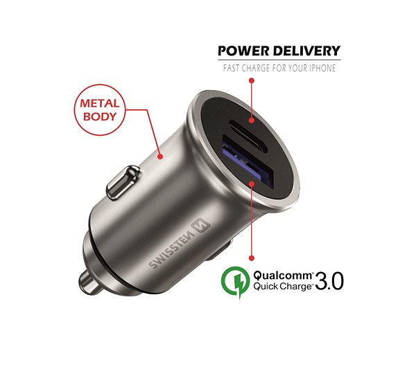 Auto-Ladegerät Swissten CL Adapter Power Delivery USB-C + Quick Charge 3.0 36W Metall Silber Mermale/Technologie
