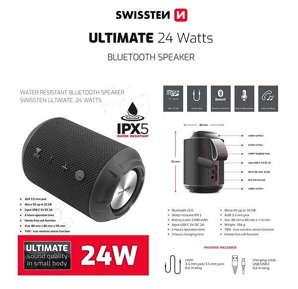 Bluetooth hangszóró Swissten Ultimate 24W, fekete ...