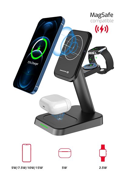 Ladeständer Swissten MagStick Wireless Charger 3in1 22,5 Watt (MagSafe kompatibel) - schwarz ...