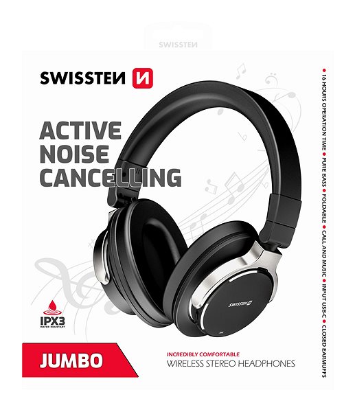 Vezeték nélküli fül-/fejhallgató Swissten Jumbo ANC Bluetooth Sztereó fejhallgató - fekete ...