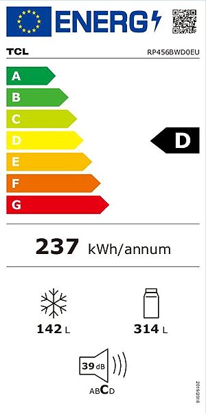 Hűtőszekrény TCL RP456BWD0EU Energia címke