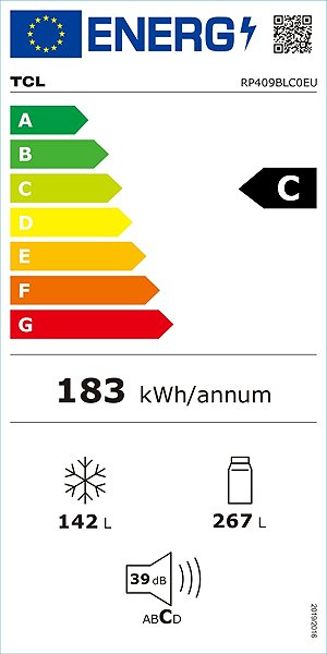 Hűtőszekrény TCL RP409BLC0EU Energia címke