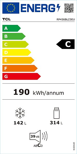 Hűtőszekrény TCL RP456BLC0EU Energia címke