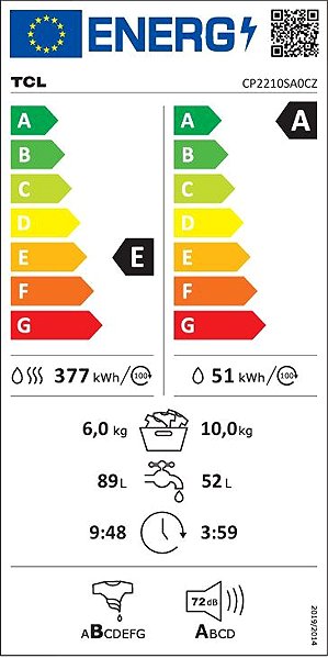 Steam Washing Machine with Dryer TCL CP2210SA0EN Energy label