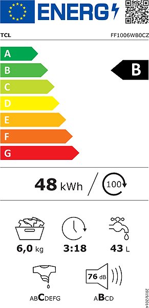 Slim steam washing machine TCL FF1006WB0CZ Energy label