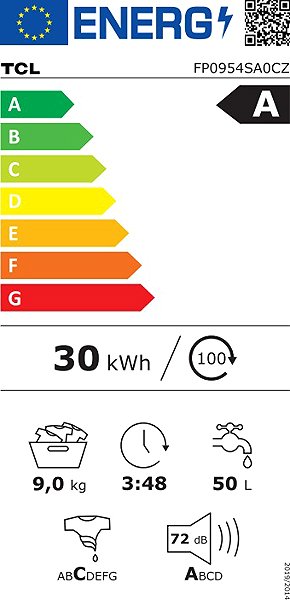 Steam Washing Machine TCL FP0954SA0CZ Energy label