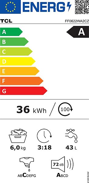 Slim steam washing machine TCL FF0622WA2CZ Energy label