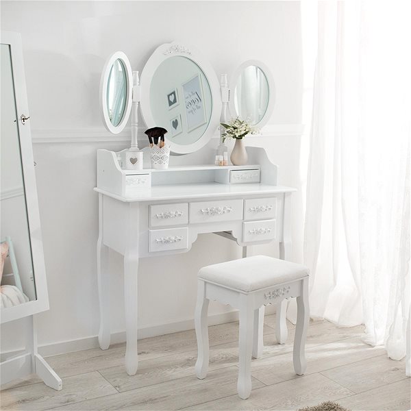 Toaletný stolík Kozmetický toaletný stolík Barok zrkadlá a stolička biely ...