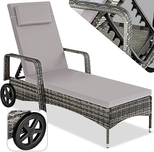 Garden deckchair Tectake Rattan garden deckchair with wheels, grey .