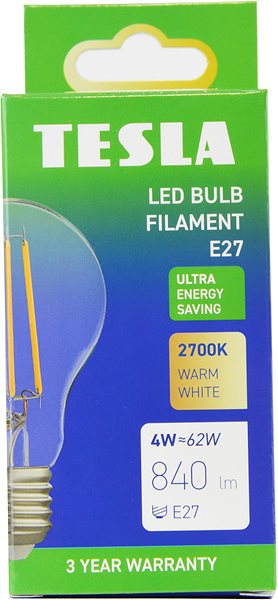 LED-Birne Tesla Filament A-Klasse, E27, 4 W, 840 lm, 2700 K warmweiß, 360°, klar, 230 V, 25.000 Std ...