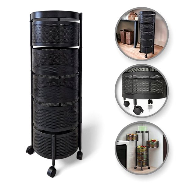 Shelving Unit TEXTILOMANIE Round SZ33 Swivel shelf on wheels with 5 baskets, black ...