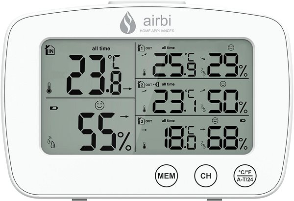 Időjárás állomás Airbi TRIO - digitális hőmérő és higrométer 3 vezeték nélküli érzékelővel Képernyő