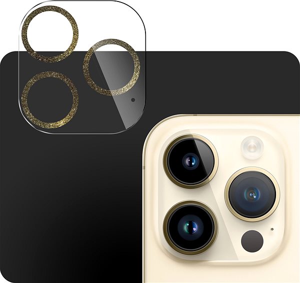 Ochranné sklo na objektív Tempered Glass Protector na iPhone 14 Pro/14 Pro Max, zlaté trblietky ...