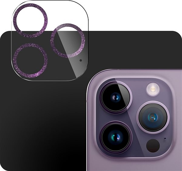 Kamera védő fólia Tempered Glass Protector az iPhone 14 Pro / 14 Pro Max készülékhez, lila csillám ...