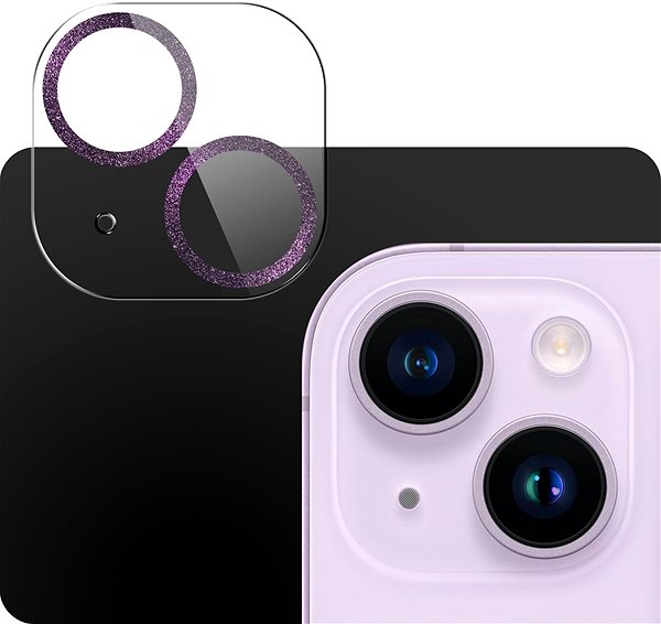 Ochranné sklo Tempered Glass Protector na iPhone 14/14 Plus, fialová trblietka ...
