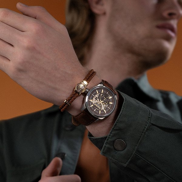 Timberland Double Men's Leather Bracelet, Brown TDAGB0001903.