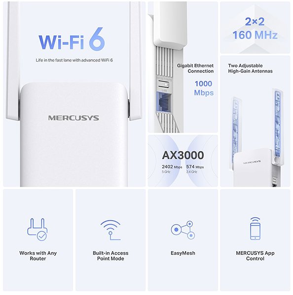 WiFi Booster Mercusys ME80X AX3000 Wi-Fi 6 ...