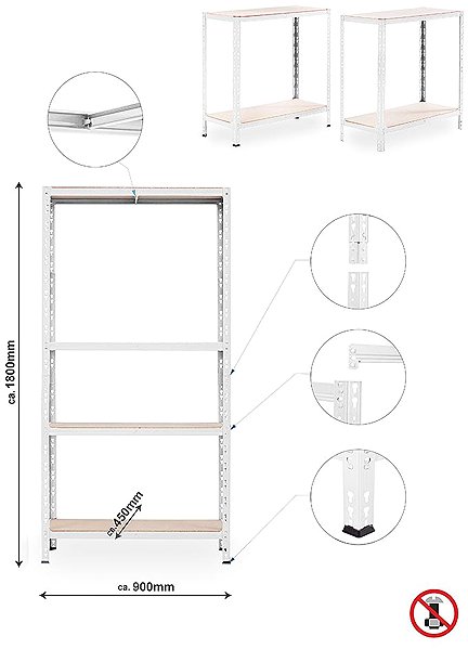 Shelving Unit Trestles Shelf rack 1800 × 900 × 450 mm, 4 shelves, white ...