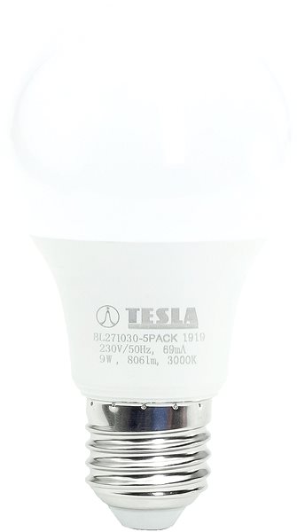 LED Bulb TESLA LED BULB E27, 9W, 806lm, 3000K Warm White, 5 pcs Screen