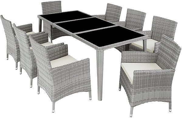 Garden furniture TecTake Menorca 8+1, rattan, with canvas, light grey .