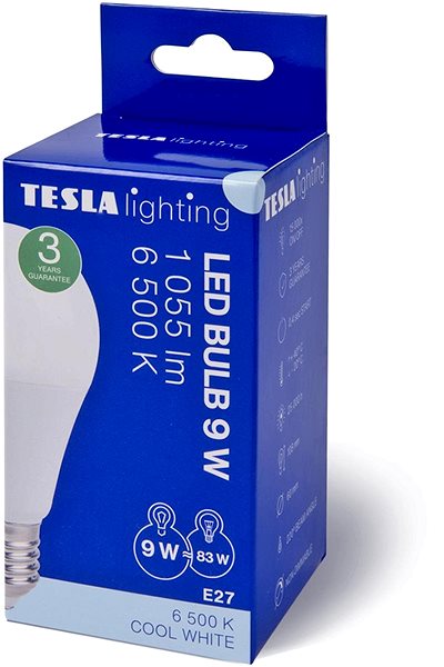 LED izzó TESLA LED BULB E27, 9 W, 1055 lm, 6500 K, hideg fehér Csomagolás/doboz