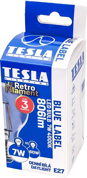 LED izzó TESLA LED BULB E27, 7 W, 806 lm, 4000 K, nappali fehér Csomagolás/doboz