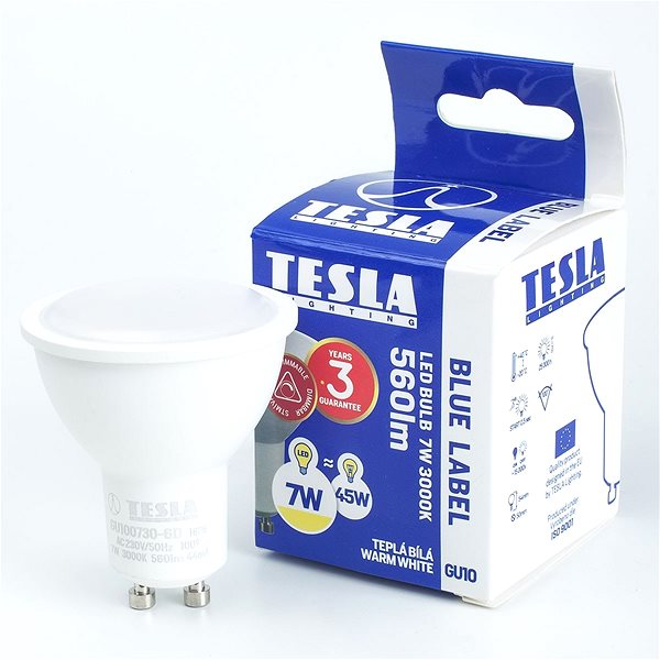 LED izzó TESLA LED GU10, 7 W, 560 lm, 3000 K, meleg fehér Csomag tartalma