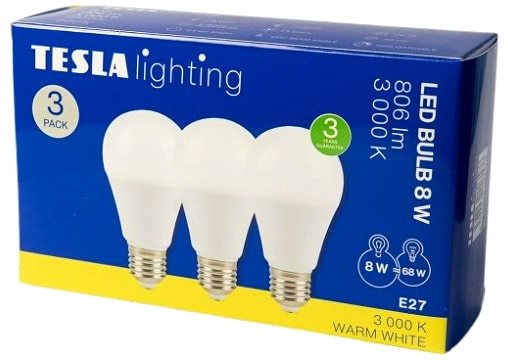 LED žiarovka Tesla – LED žiarovka BULB E27, 8 W, 230 V, 806 lm, 25 000 h, 3 000 K teplá biela, 220st 3ks v balení ...