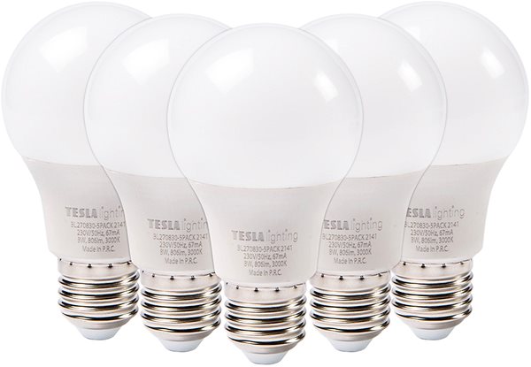 LED žiarovka Tesla – LED žiarovka BULB E27, 8 W, 230 V, 806 lm, 25 000 h, 4 000 K denná biela, 220st 5 ks v balení ...