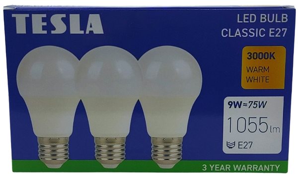 LED žiarovka Tesla – LED žiarovka BULB E27, 9 W, 230 V, 1 055 lm, 25 000 h, 3 000 K teplá biela, 220st 3 ks v balení ...