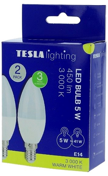 LED izzó Tesla - Gyertya LED izzó CANDLE, E14, 5 W, 230 V, 450 lm, 25000 h, 3000K meleg fehér, 220°, 2 db ...