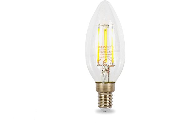 LED žiarovka Tesla – LED žiarovka FILAMENT RETRO sviečka E14, 4,2 W, 230 V, 570 lm, 25 000 h, 4 000 K denná biela, 360stči ...