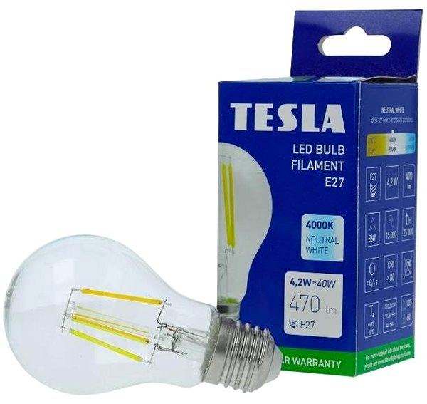 LED izzó Tesla LED izzó, FILAMENT RETRO, E27, 4,2 W, 230 V, 470 lm, 4000 K, nappali fehér ...