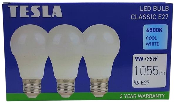 LED žiarovka Tesla – LED žiarovka BULB E27, 9 W, 230 V, 1055 lm, 25000 h, 6500 K studená biela, 220 st. 3 ks v balení ...