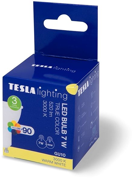 LED Bulb Tesla - LED Bulb GU10, 7W, 230V, 520lm, 25 000h, 3000K Warm White, 110st CRI90 Packaging/box