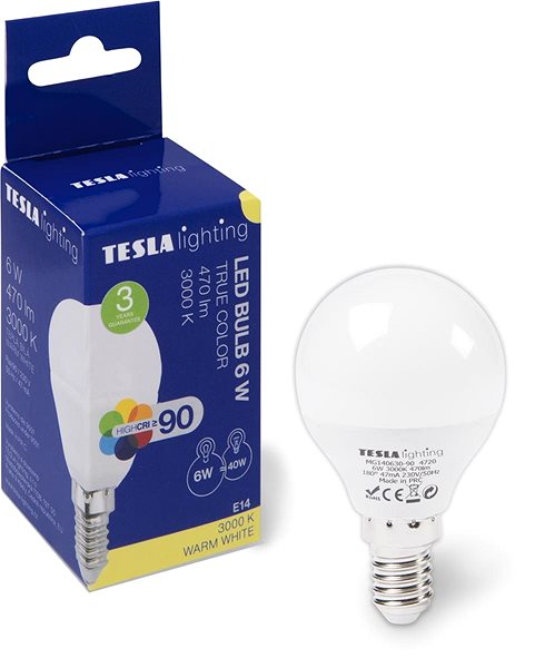 LED Bulb TESLA LED MINIGLOBE BULB E14, 6W, 470lm, 3000K Warm White Package content