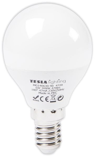 LED žiarovka TESLA – LED MINIGLOBE BULB, E14, 6 W, 470 lm, 3 000 K teplá biela Screen