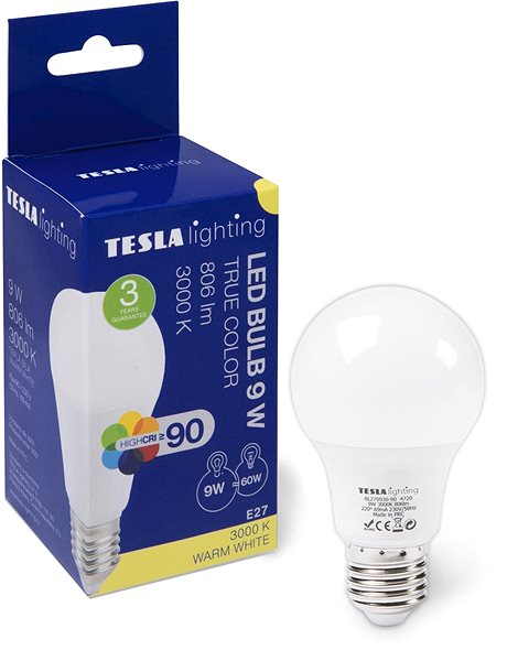 LED izzó TESLA LED BULB E27, 9 W, 806 lm, 3000 K meleg fehér Csomag tartalma