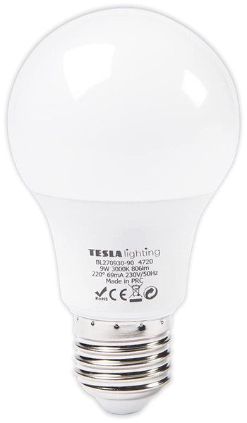LED Bulb TESLA LED BULB E27, 9W, 806lm, 3000K Warm White Screen