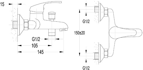 Tap AQUALINE Bath Faucet 150 Wall-mounted Technical draft