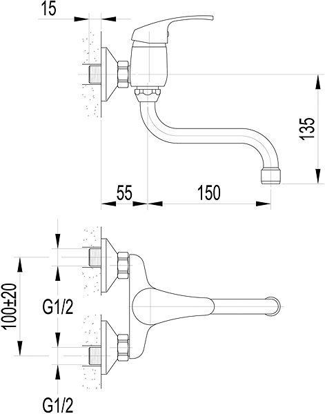 Tap AQUALINE Washbasin/Sink Mixer 100 Wall-mounted Technical draft