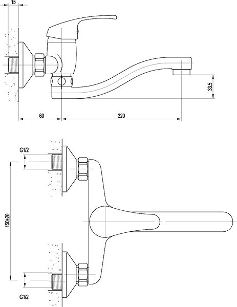 Tap AQUALINE Washbasin/Sink Mixer 150 Wall-mounted Technical draft