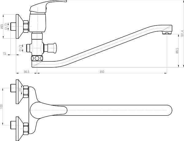 Tap AUQULINE Washbasin / Bath Mixer 100 Wall-mounted Technical draft