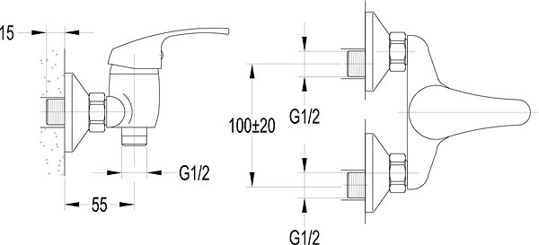 Tap AQUALINE Shower Tap 100 Wall-mounted Technical draft