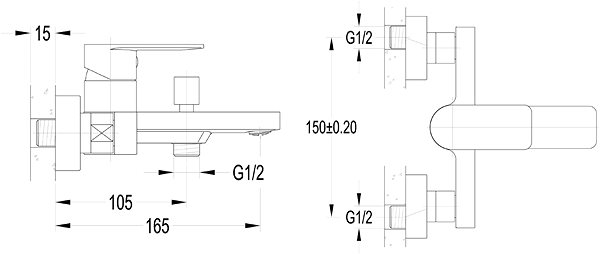 Tap AQUALINE bath faucet 150 wall-mounted Technical draft