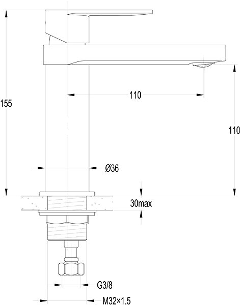 Tap AQUALINE Washbasin Mixer Stand Technical draft