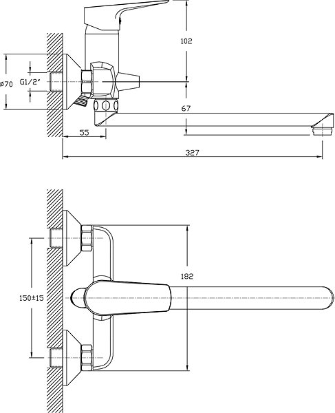 Tap AUQULINE Washbasin / Bath Mixer 150 Wall-mounted Technical draft