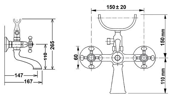 Tap REITANO RUBINETTERIA ANTEA wall-mounted bath mixer complete, chrome/gold 3012 Technical draft