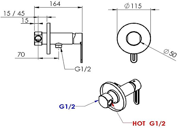 Bidet Tap SAPHO Concealed Bidet Tap with Bidet Shower, Round, Chrome 1103-07 Technical Drawing